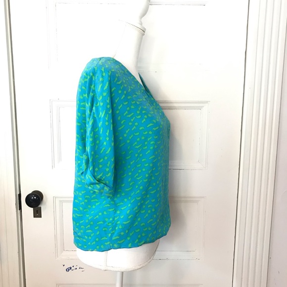 Ellie Kai Silk Blouse Top Blue Green Abstract Print V Neck Short Sleeves - Picture 2 of 5